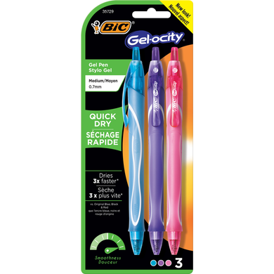Gel-ocity Quick Dry Retractable Gel Pen .7mm Asst 3Pk
